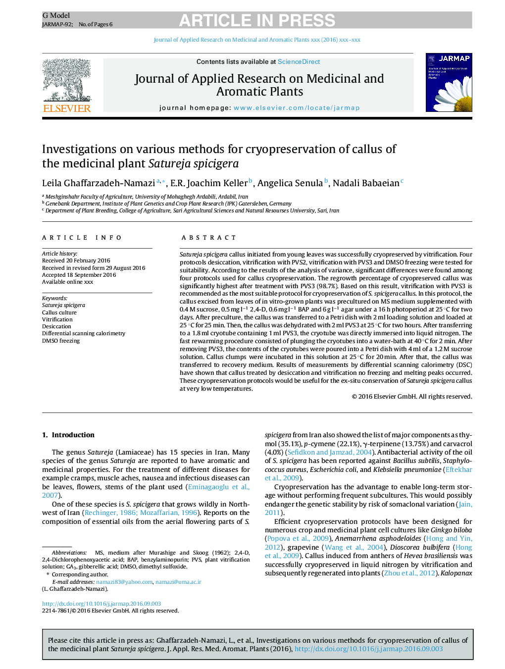 Investigations on various methods for cryopreservation of callus of the medicinal plant Satureja spicigera