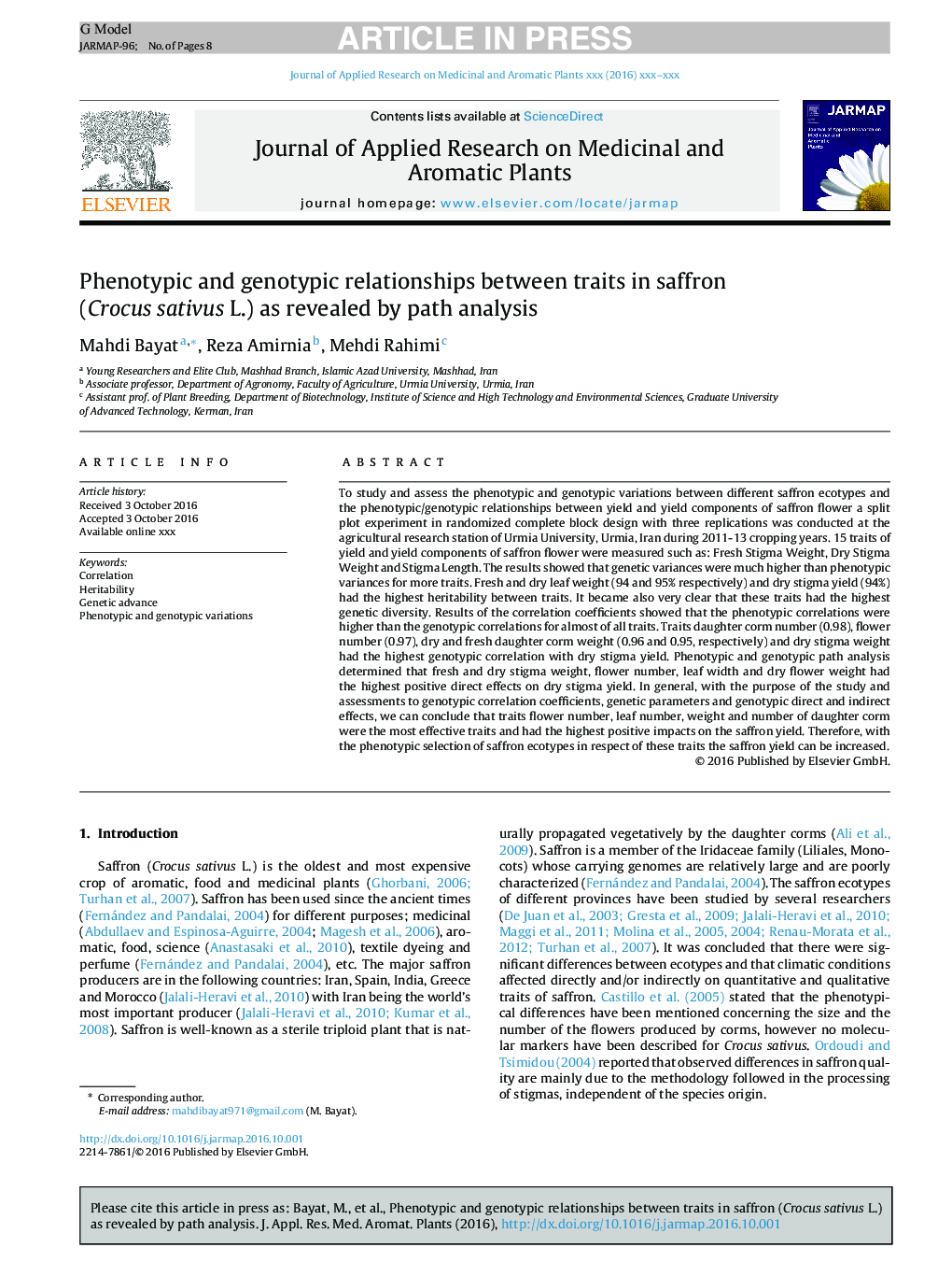 Phenotypic and genotypic relationships between traits in saffron (Crocus sativus L.) as revealed by path analysis