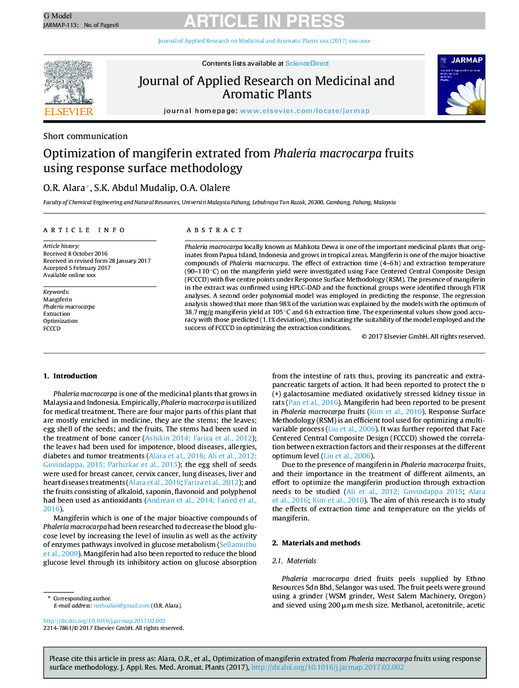 Optimization of mangiferin extrated from Phaleria macrocarpa fruits using response surface methodology