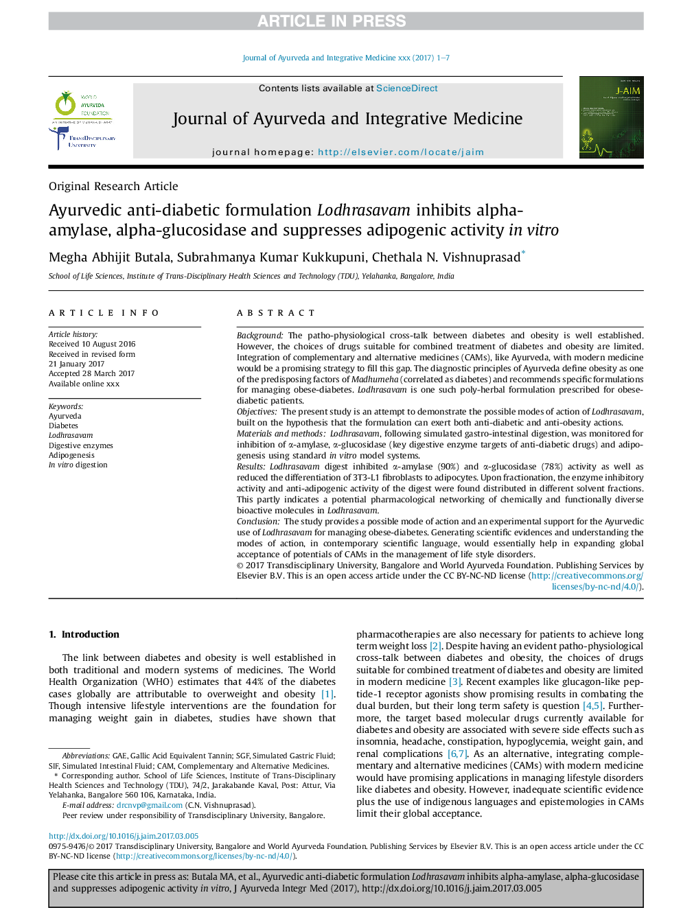 Ayurvedic anti-diabetic formulation Lodhrasavam inhibits alpha-amylase, alpha-glucosidase and suppresses adipogenic activity inÂ vitro