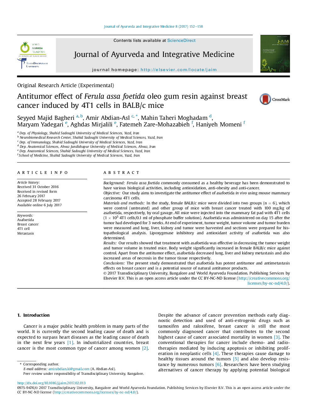 Antitumor effect of Ferula assa foetida oleo gum resin against breast cancer induced by 4T1 cells in BALB/c mice