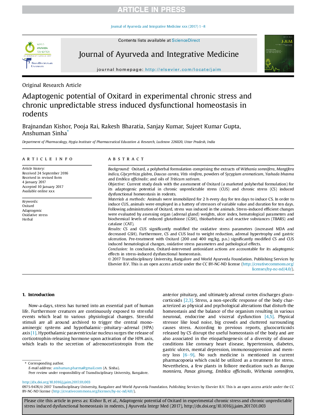 Adaptogenic potential of Oxitard in experimental chronic stress and chronic unpredictable stress induced dysfunctional homeostasis in rodents