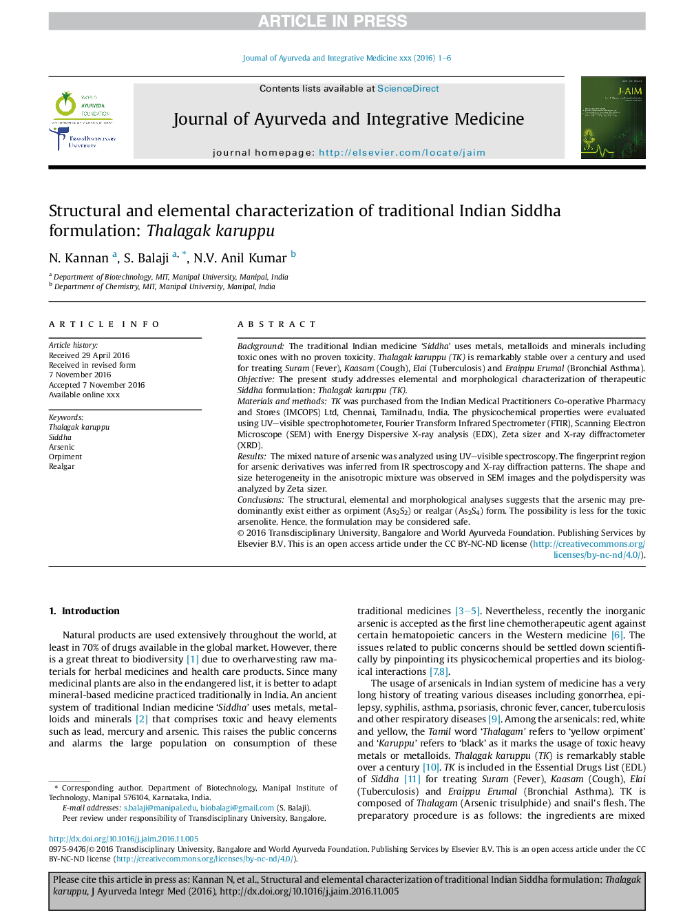 Structural and elemental characterization of traditional Indian Siddha formulation: Thalagak karuppu