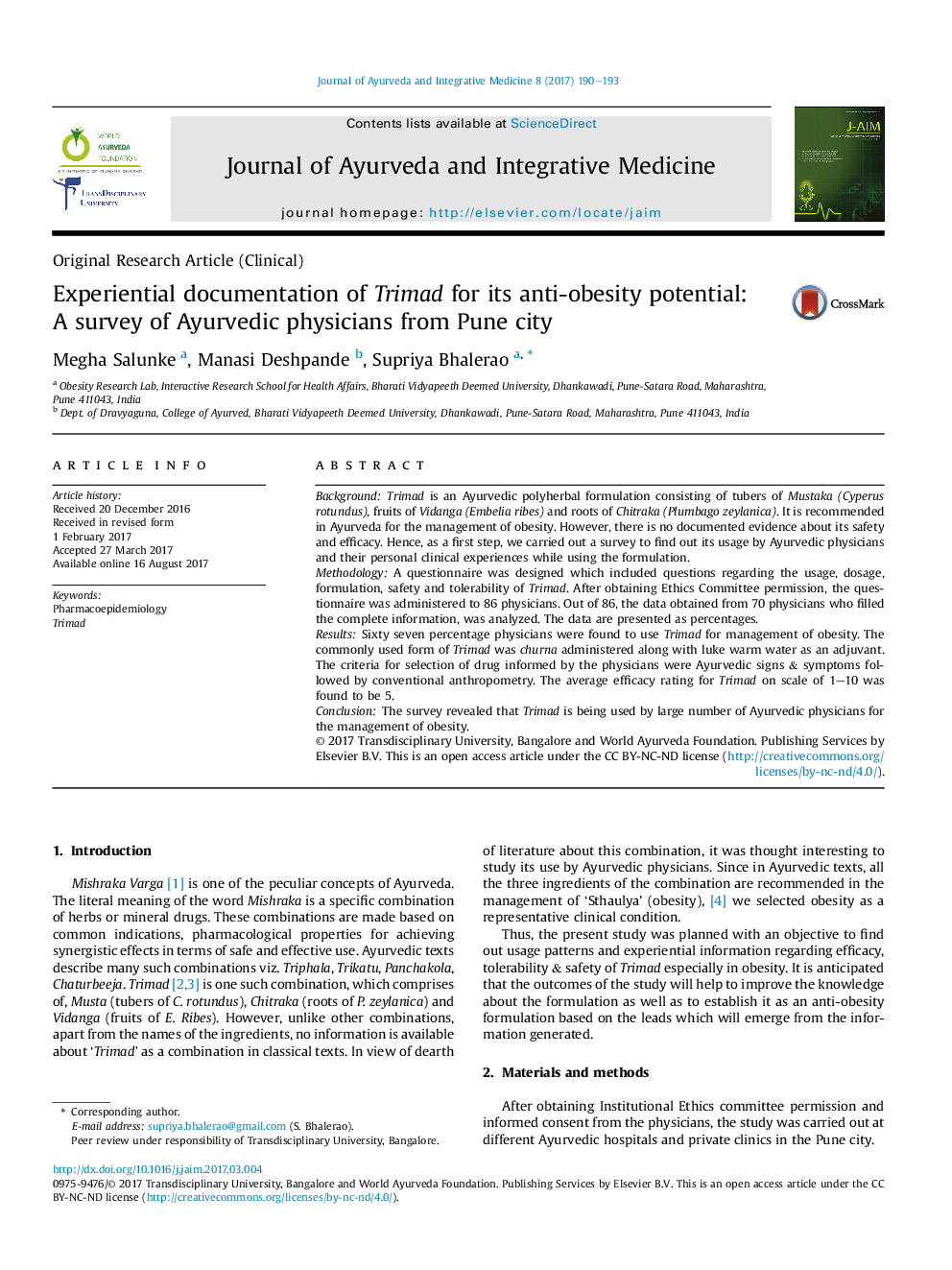 Experiential documentation of Trimad for its anti-obesity potential: AÂ survey of Ayurvedic physicians from Pune city