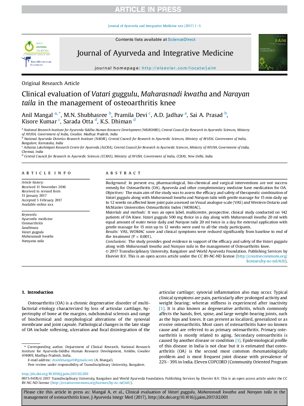 Clinical evaluation of Vatari guggulu, Maharasnadi kwatha and Narayan taila in the management of osteoarthritis knee