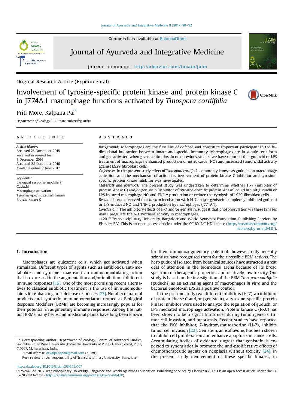 Involvement of tyrosine-specific protein kinase and protein kinase C in J774A.1 macrophage functions activated by Tinospora cordifolia