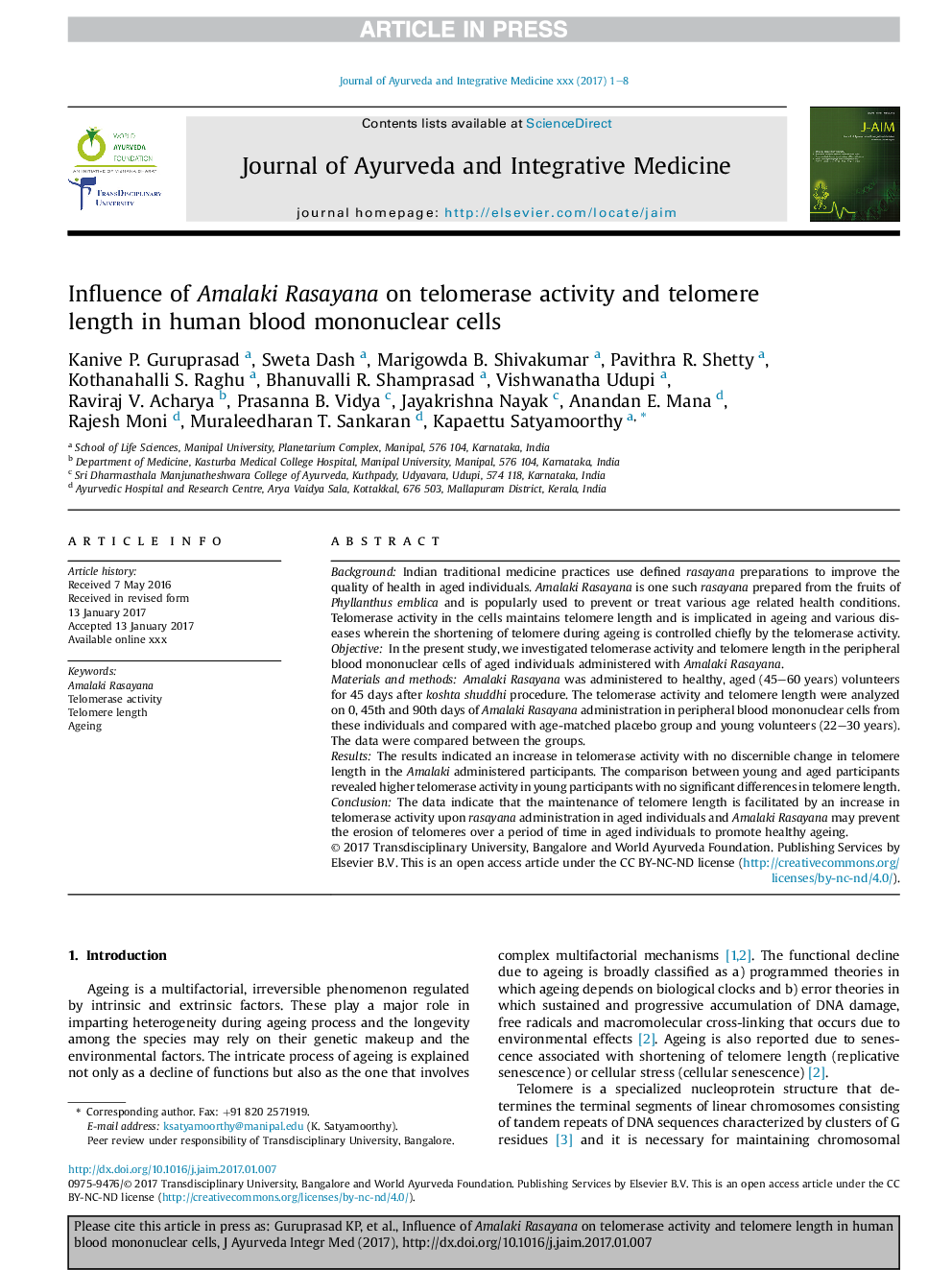 Influence of Amalaki Rasayana on telomerase activity and telomere length in human blood mononuclear cells