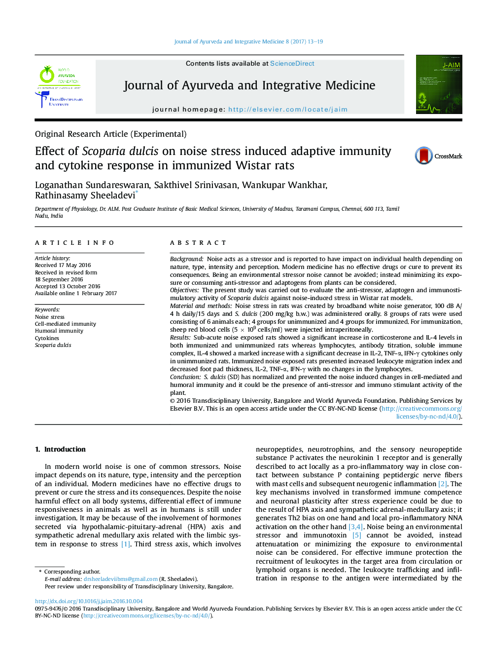 Effect of Scoparia dulcis on noise stress induced adaptive immunity and cytokine response in immunized Wistar rats