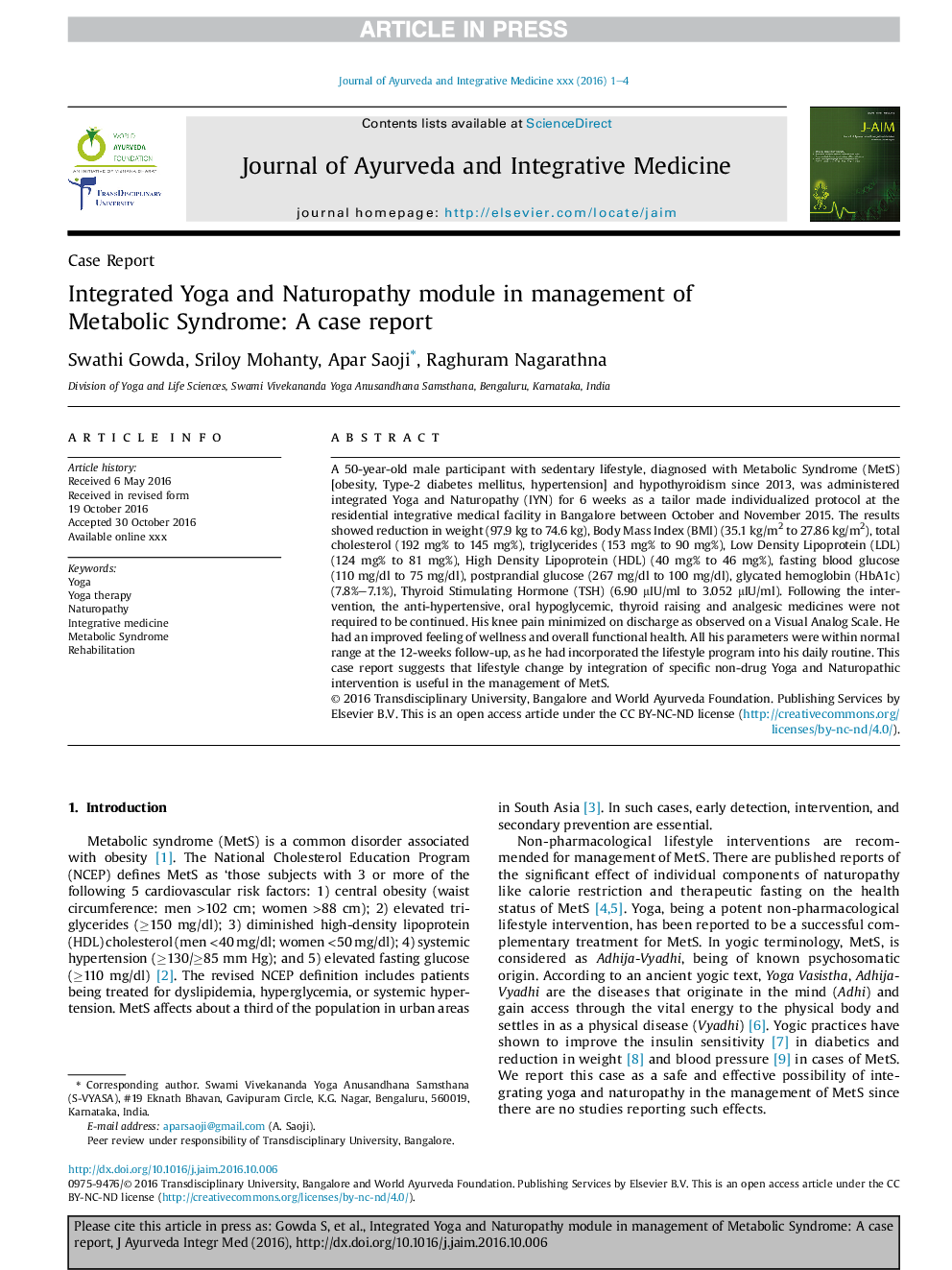 Integrated Yoga and Naturopathy module in management of Metabolic Syndrome: A case report