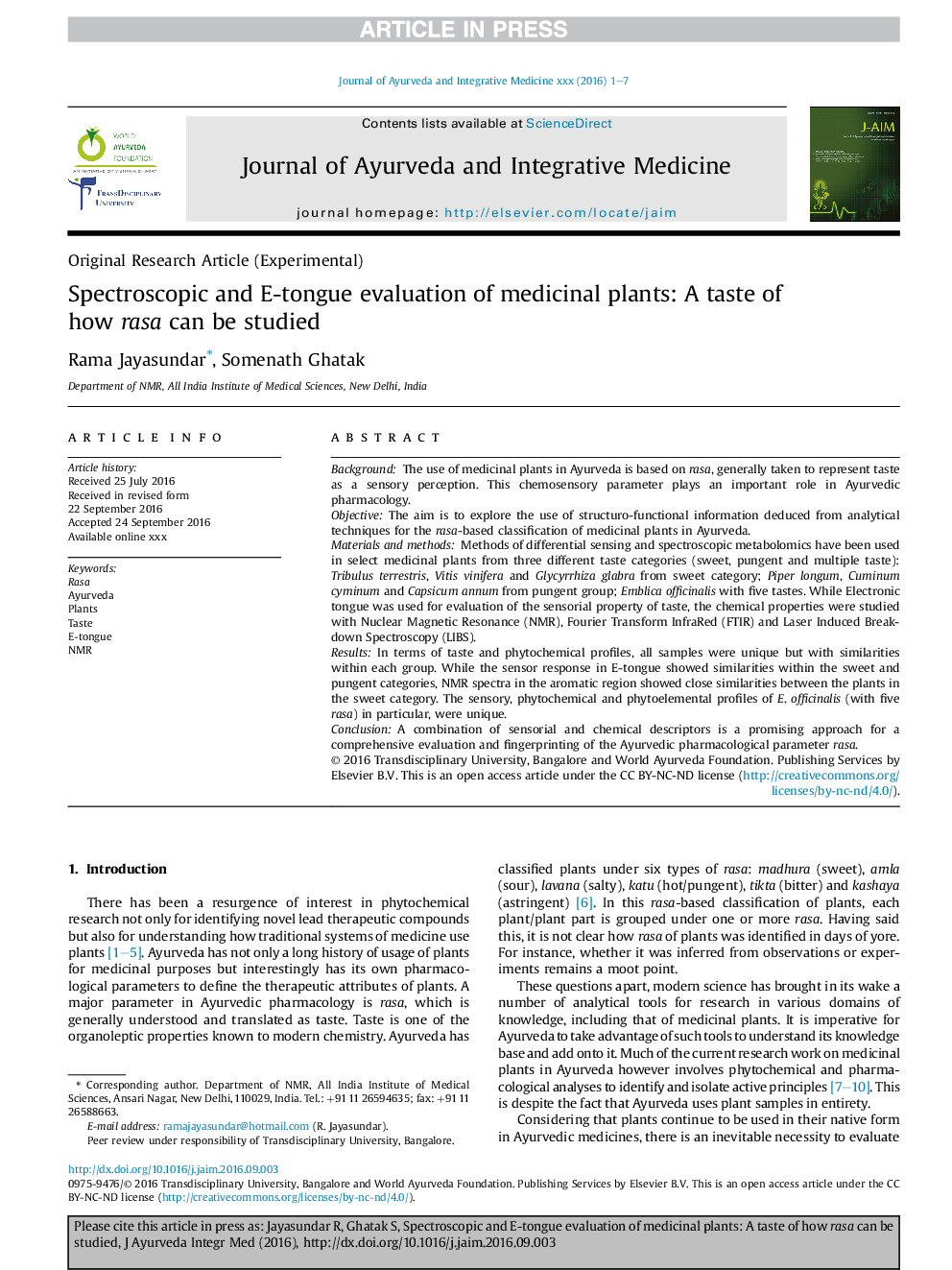 Spectroscopic and E-tongue evaluation of medicinal plants: A taste of how rasa can be studied