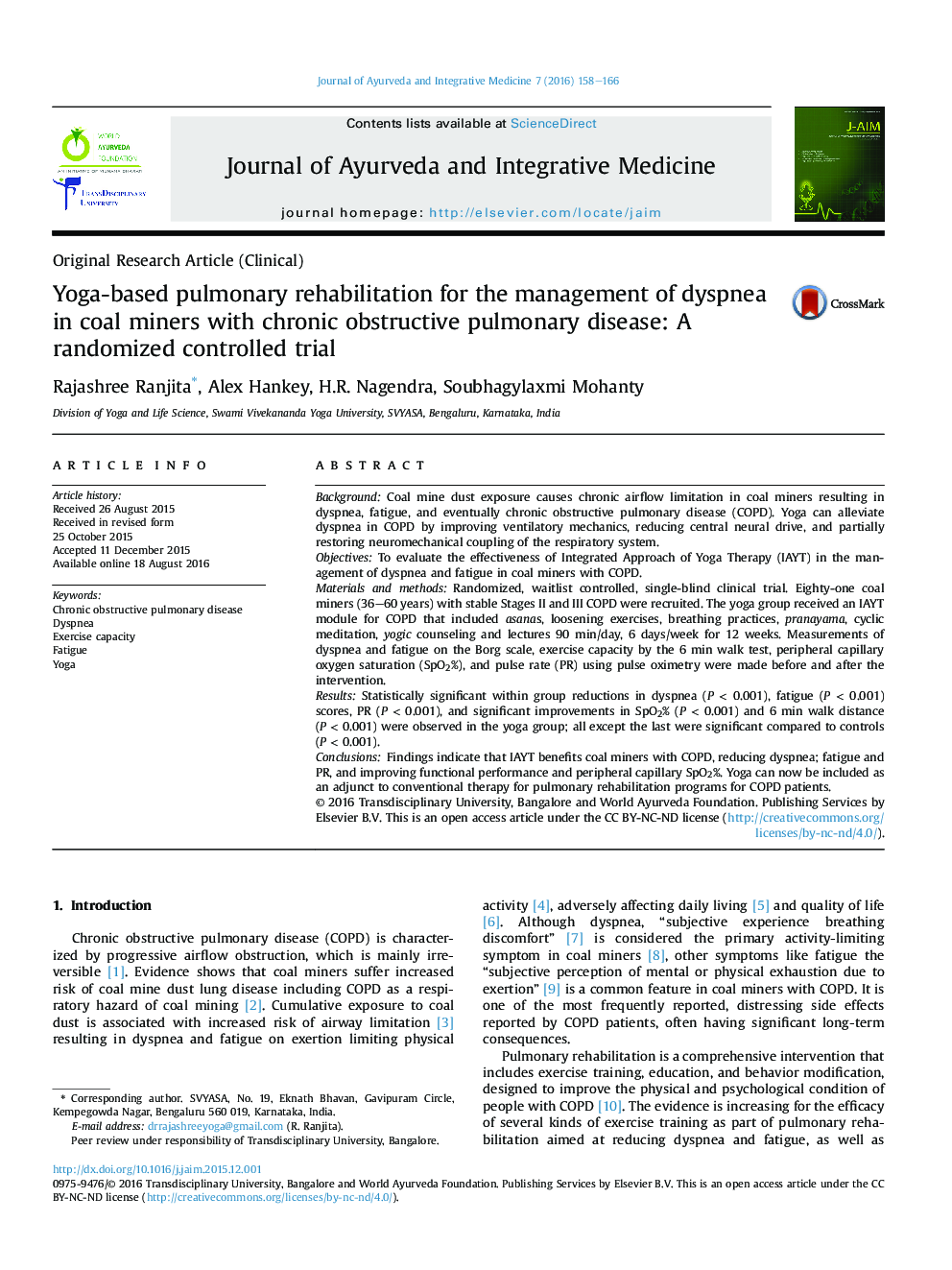 Yoga-based pulmonary rehabilitation for the management of dyspnea in coal miners with chronic obstructive pulmonary disease: A randomized controlled trial