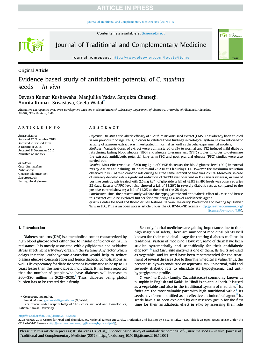 Evidence based study of antidiabetic potential of C. maxima seedsÂ -Â InÂ vivo