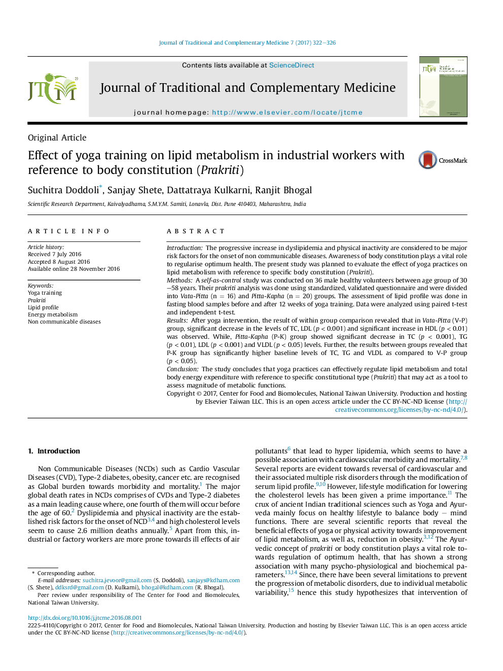 Effect of yoga training on lipid metabolism in industrial workers with reference to body constitution (Prakriti)