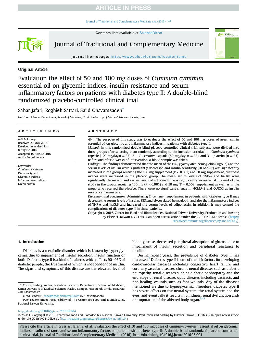 Evaluation the effect of 50 and 100Â mg doses of Cuminum cyminum essential oil on glycemic indices, insulin resistance and serum inflammatory factors on patients with diabetes type II: A double-blind randomized placebo-controlled clinical trial