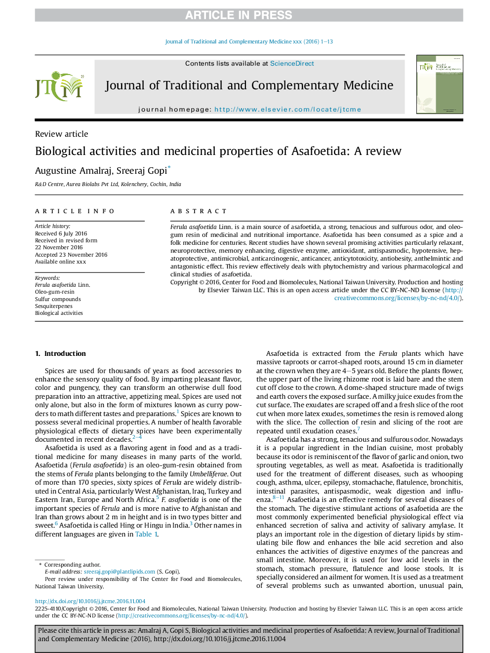 Biological activities and medicinal properties of Asafoetida: A review