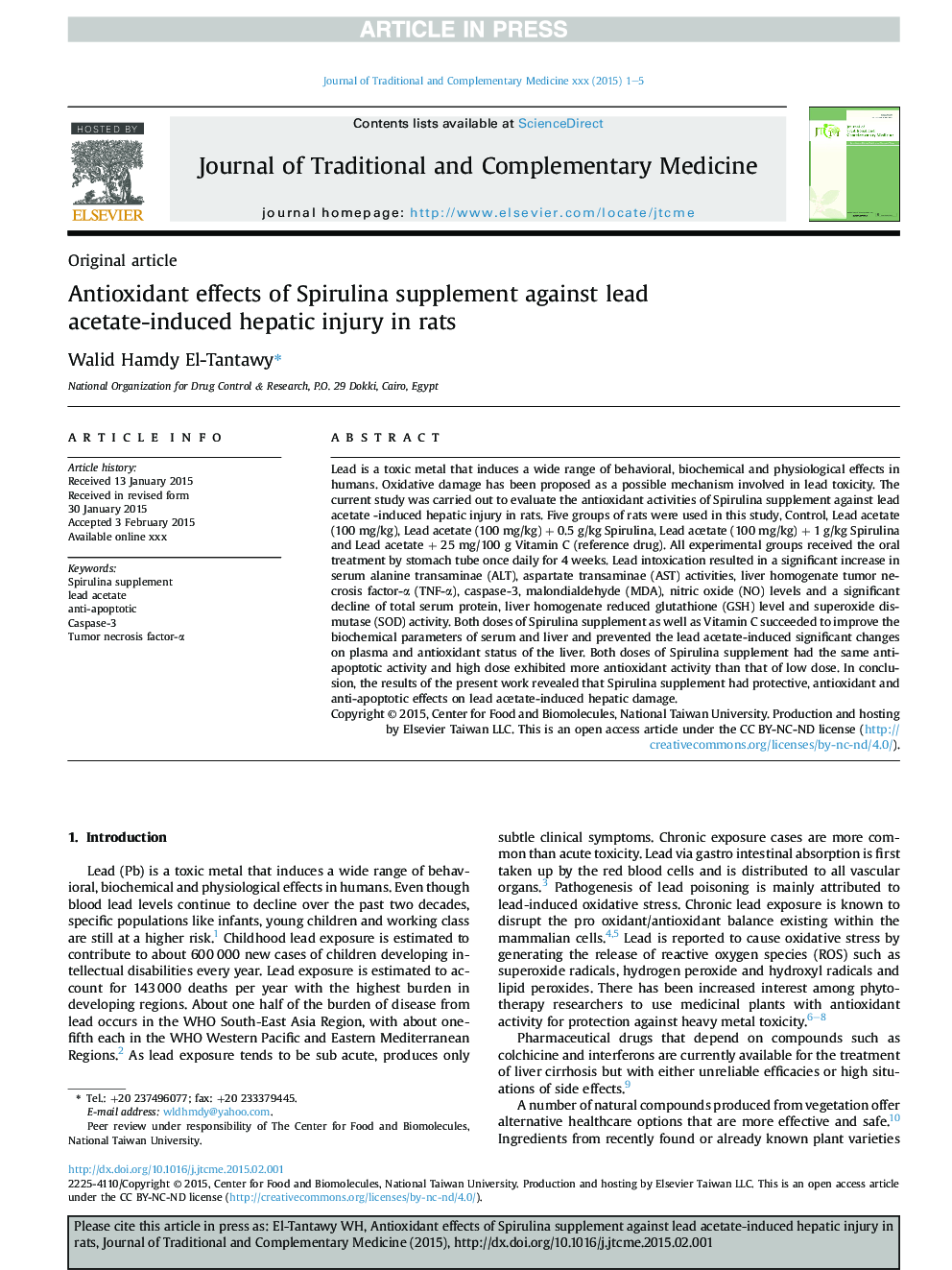 Antioxidant effects of Spirulina supplement against lead acetate-induced hepatic injury in rats