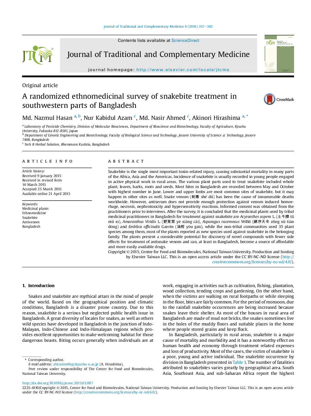 A randomized ethnomedicinal survey of snakebite treatment in southwestern parts of Bangladesh