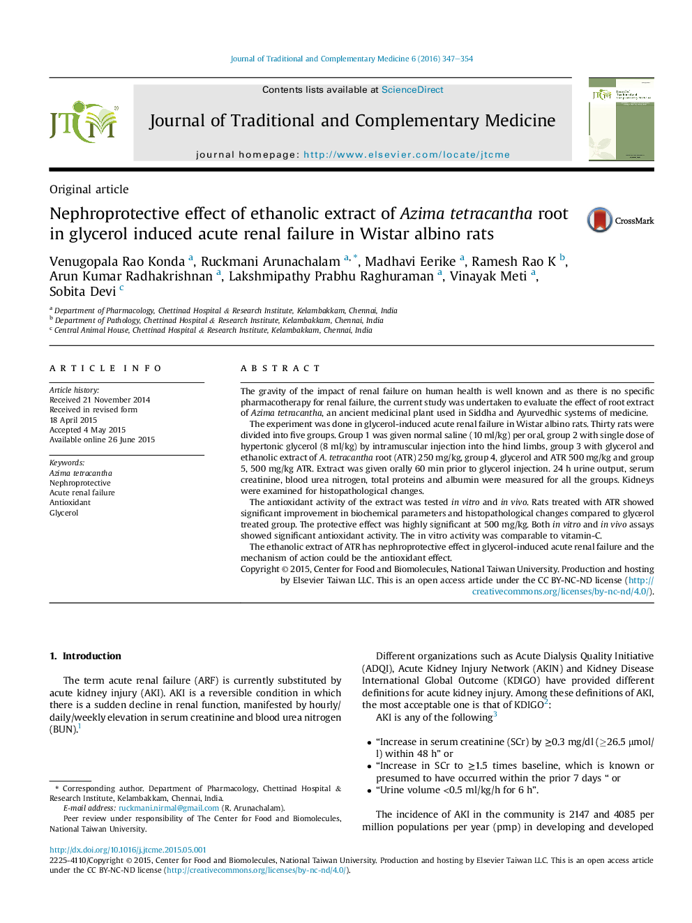 Nephroprotective effect of ethanolic extract of Azima tetracantha root in glycerol induced acute renal failure in Wistar albino rats