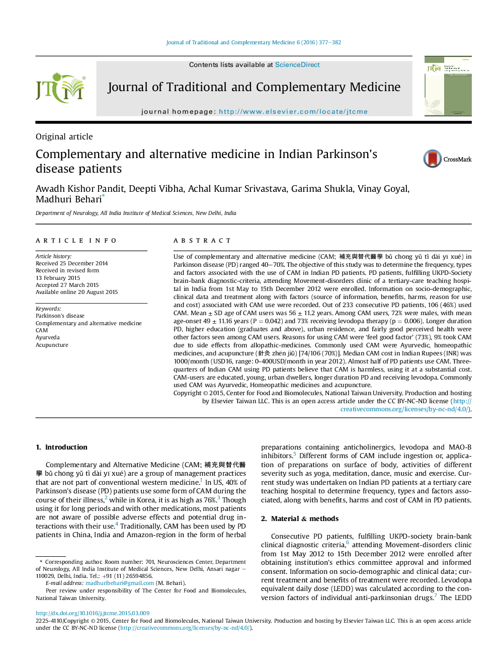 Complementary and alternative medicine in Indian Parkinson's disease patients