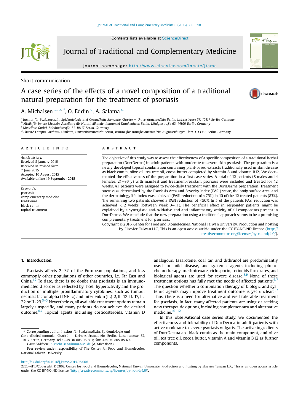 A case series of the effects of a novel composition of a traditional natural preparation for the treatment of psoriasis