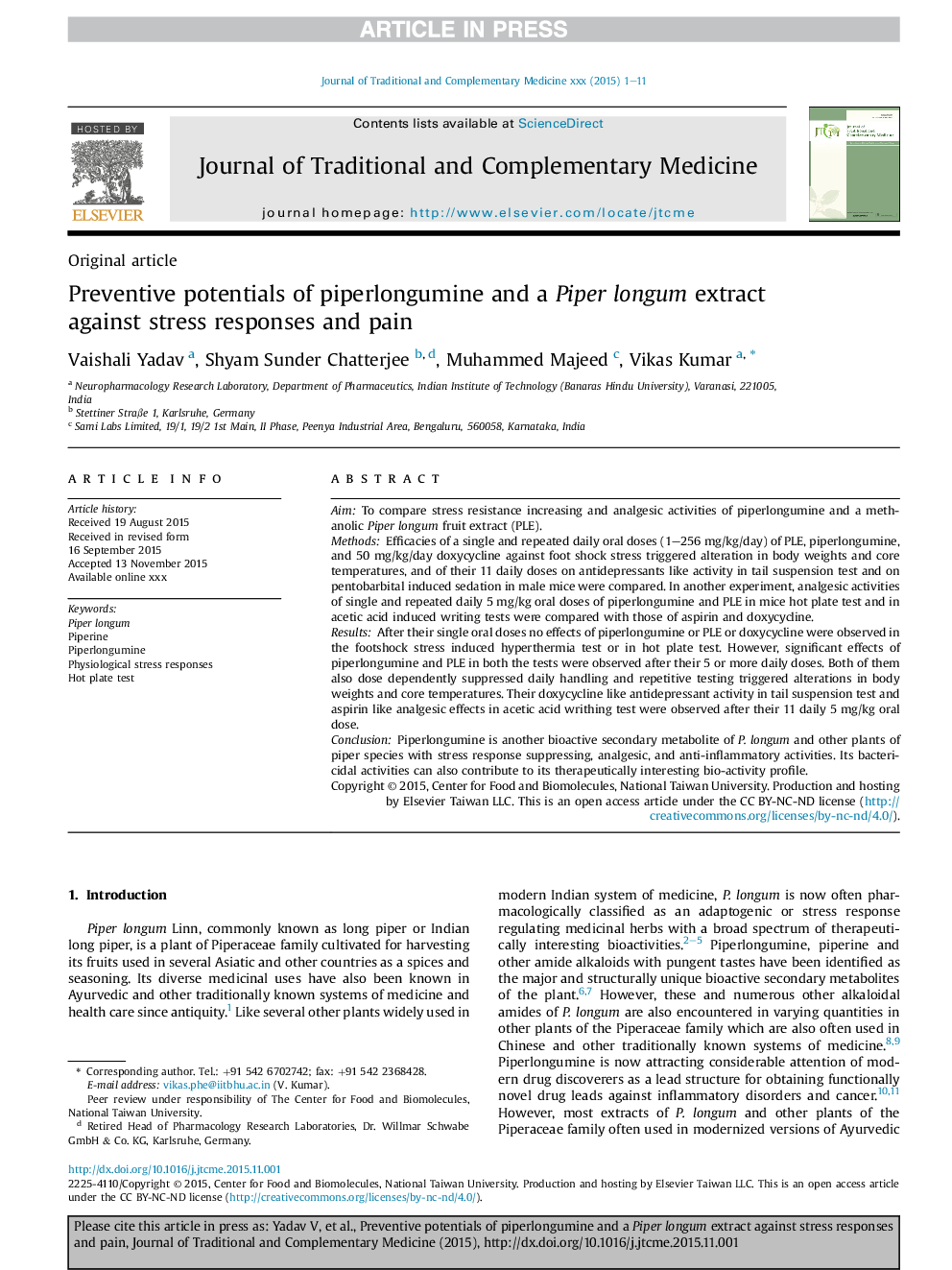 Preventive potentials of piperlongumine and a Piper longum extract against stress responses and pain