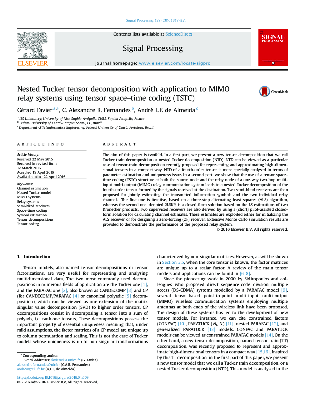 Nested Tucker tensor decomposition with application to MIMO relay systems using tensor space–time coding (TSTC)