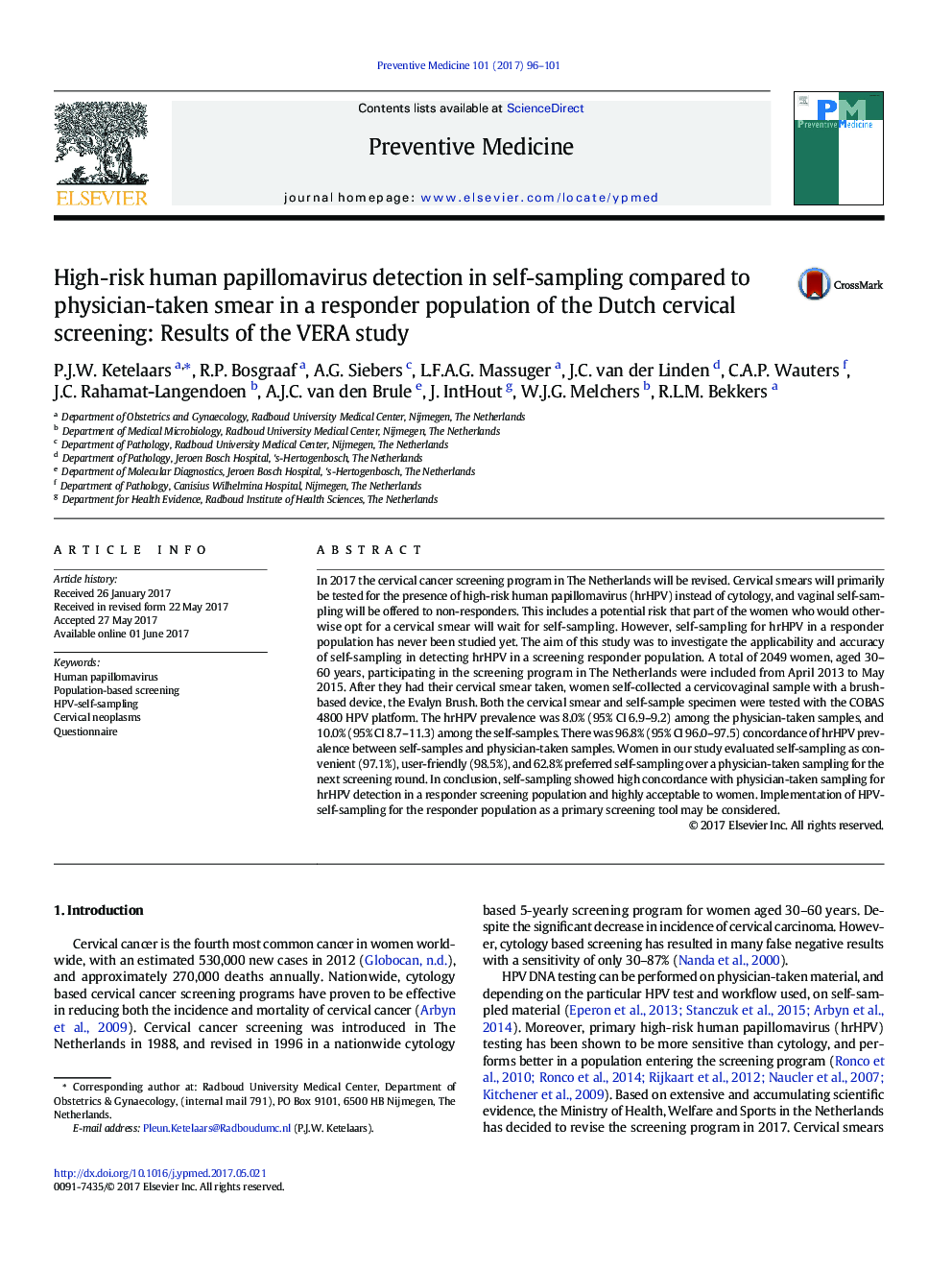 High-risk human papillomavirus detection in self-sampling compared to physician-taken smear in a responder population of the Dutch cervical screening: Results of the VERA study