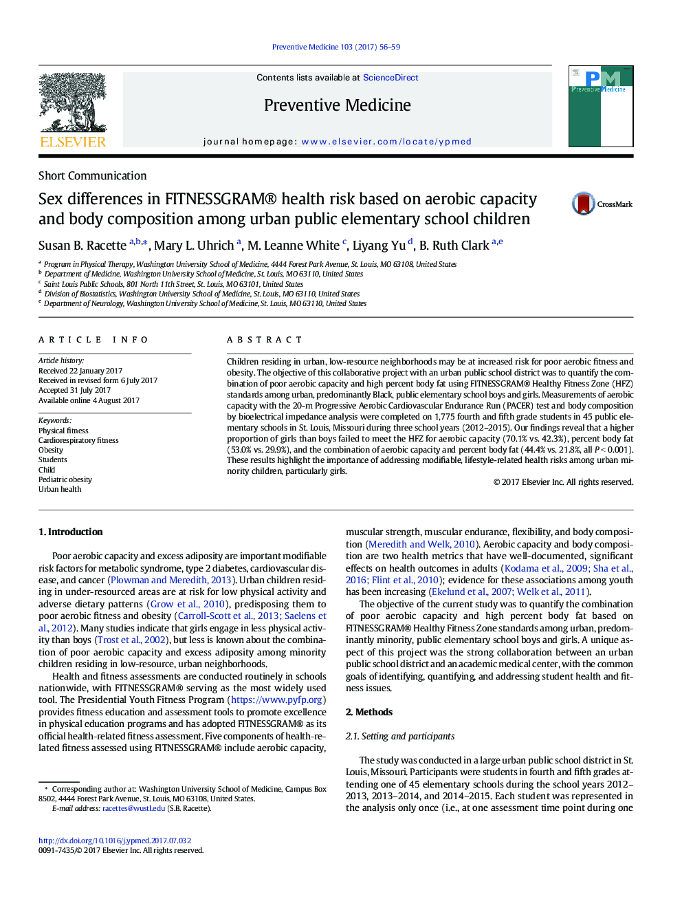 Sex differences in FITNESSGRAM® health risk based on aerobic capacity and body composition among urban public elementary school children