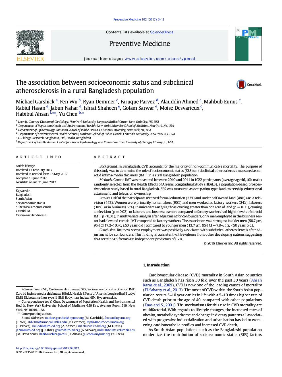 The association between socioeconomic status and subclinical atherosclerosis in a rural Bangladesh population