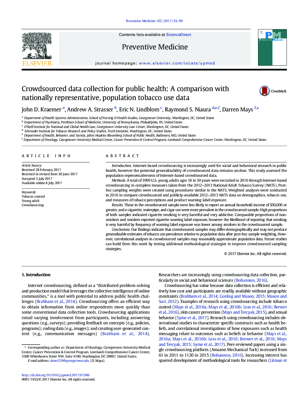 Crowdsourced data collection for public health: A comparison with nationally representative, population tobacco use data