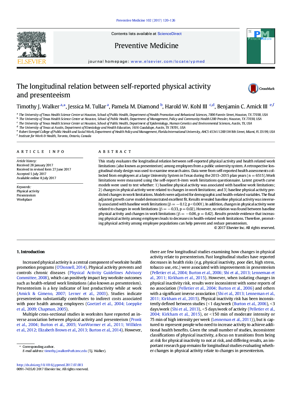 The longitudinal relation between self-reported physical activity and presenteeism