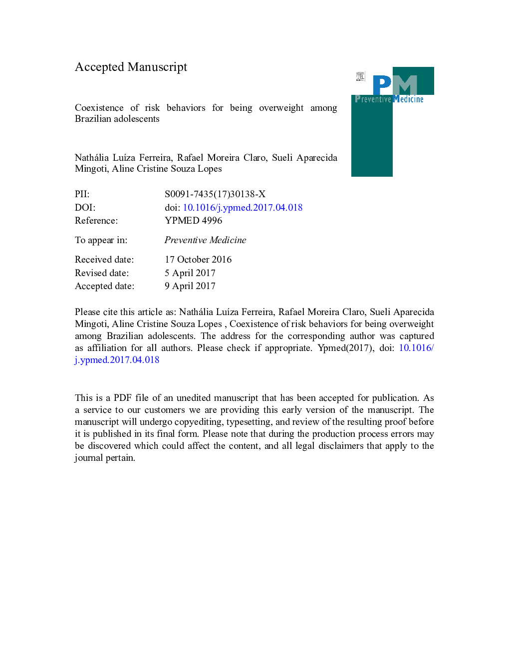 Coexistence of risk behaviors for being overweight among Brazilian adolescents