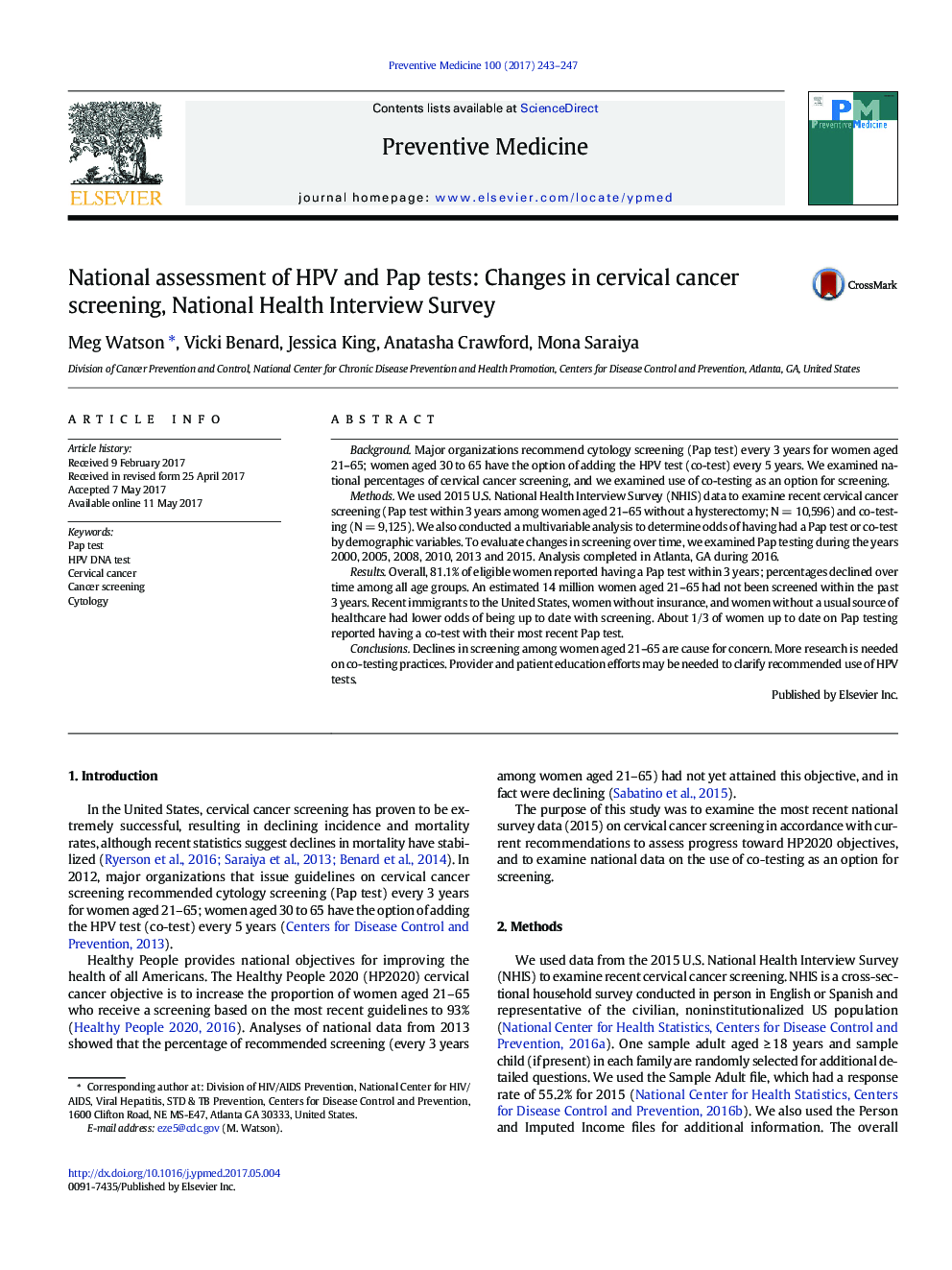 National assessment of HPV and Pap tests: Changes in cervical cancer screening, National Health Interview Survey