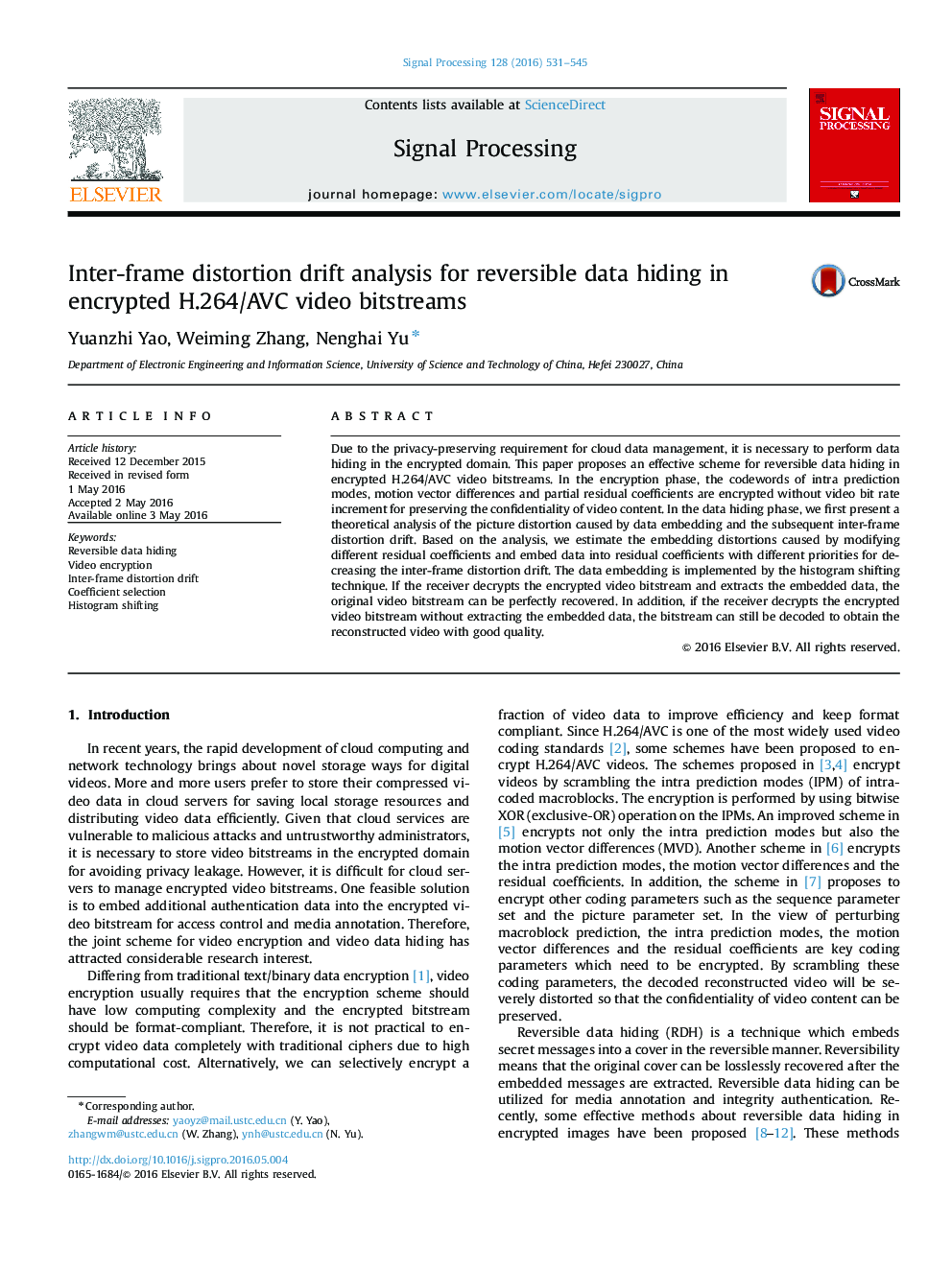 Inter-frame distortion drift analysis for reversible data hiding in encrypted H.264/AVC video bitstreams