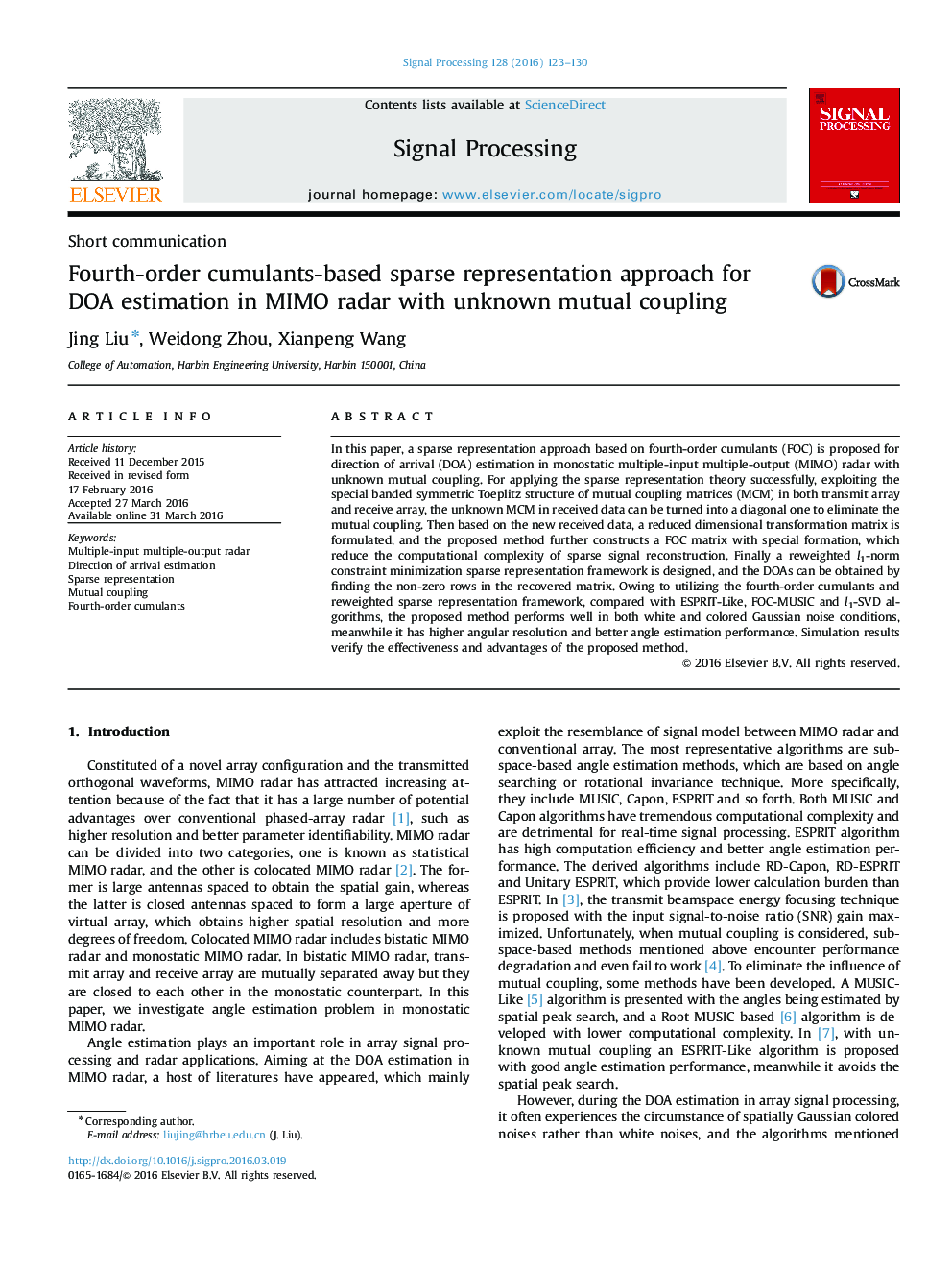 Fourth-order cumulants-based sparse representation approach for DOA estimation in MIMO radar with unknown mutual coupling