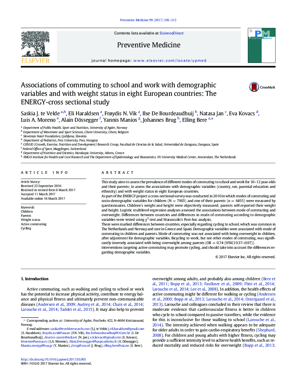 Associations of commuting to school and work with demographic variables and with weight status in eight European countries: The ENERGY-cross sectional study