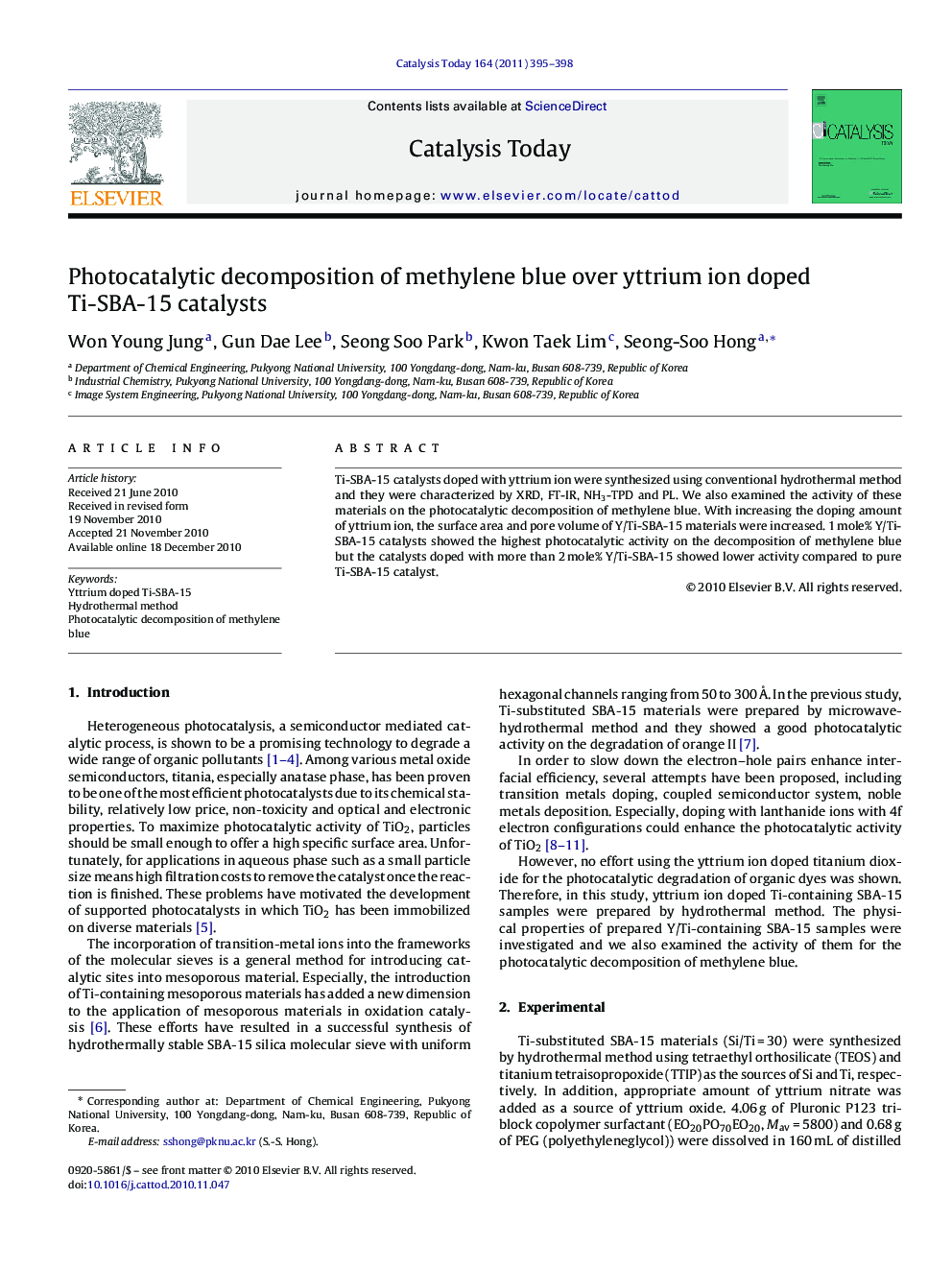 Photocatalytic decomposition of methylene blue over yttrium ion doped Ti-SBA-15 catalysts