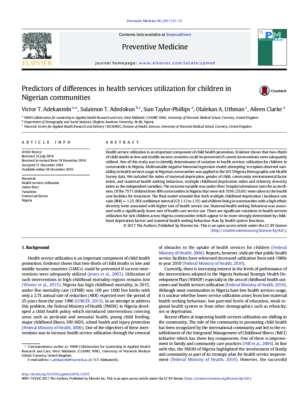 Predictors of differences in health services utilization for children in Nigerian communities