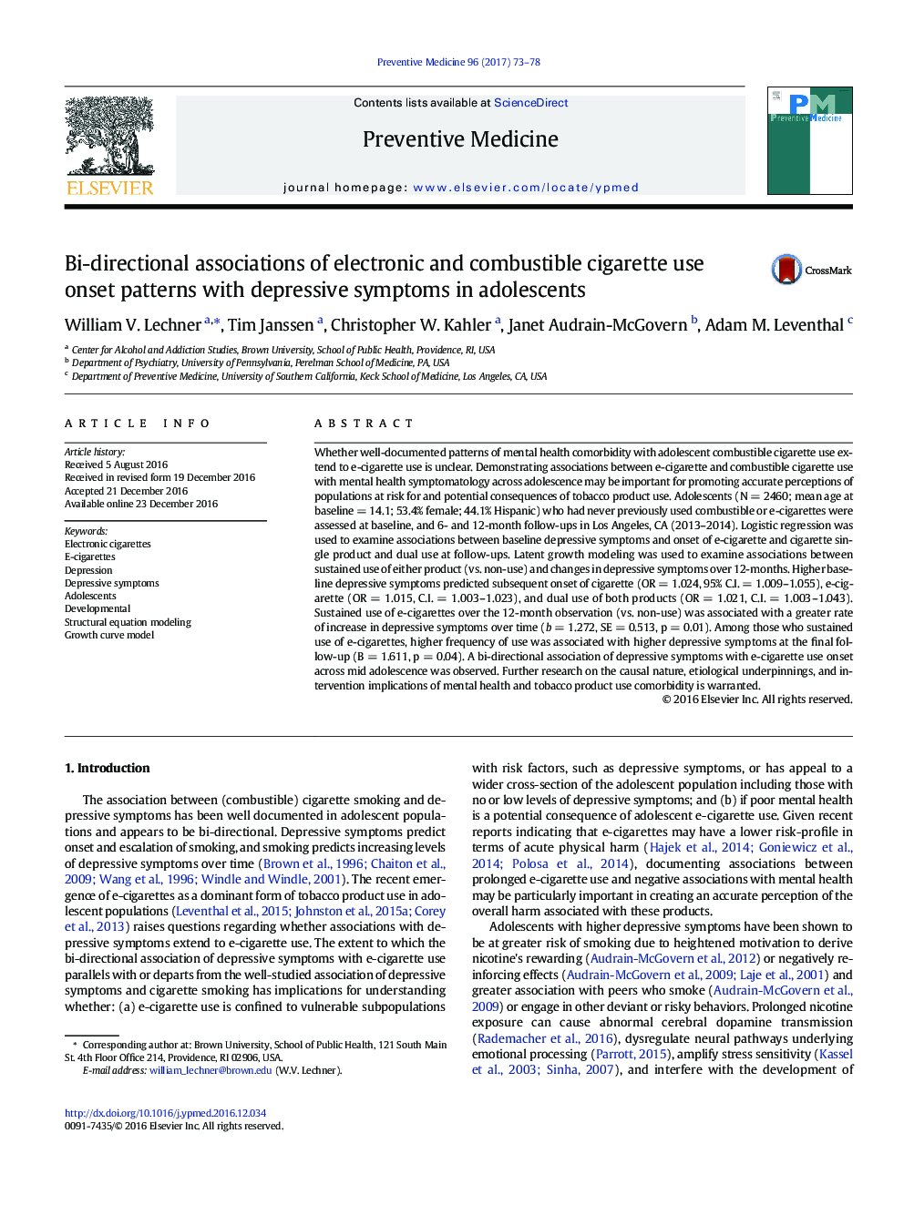 Bi-directional associations of electronic and combustible cigarette use onset patterns with depressive symptoms in adolescents