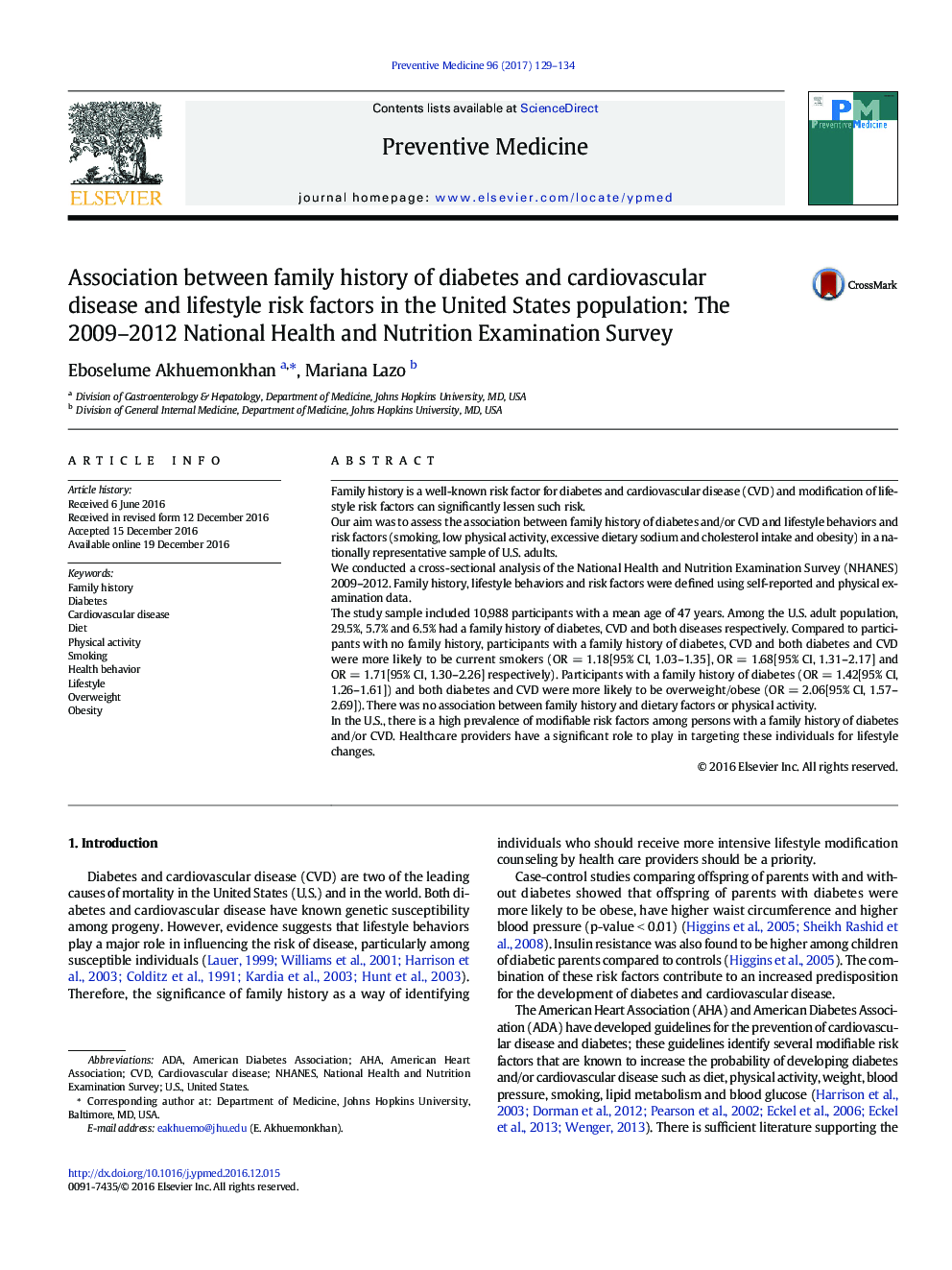 Association between family history of diabetes and cardiovascular disease and lifestyle risk factors in the United States population: The 2009-2012 National Health and Nutrition Examination Survey