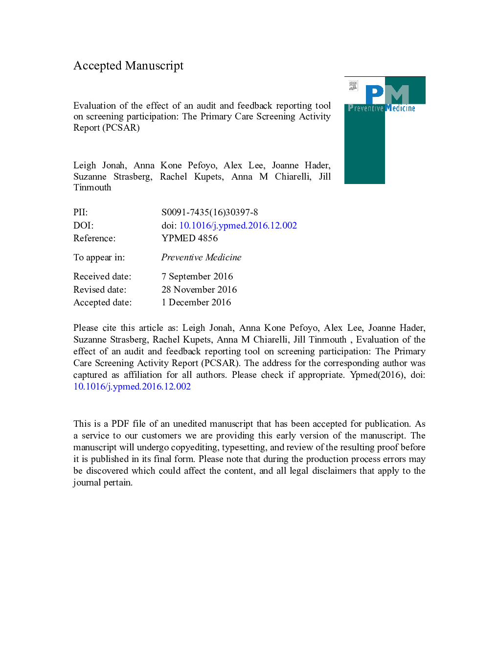 Evaluation of the effect of an audit and feedback reporting tool on screening participation: The Primary Care Screening Activity Report (PCSAR)