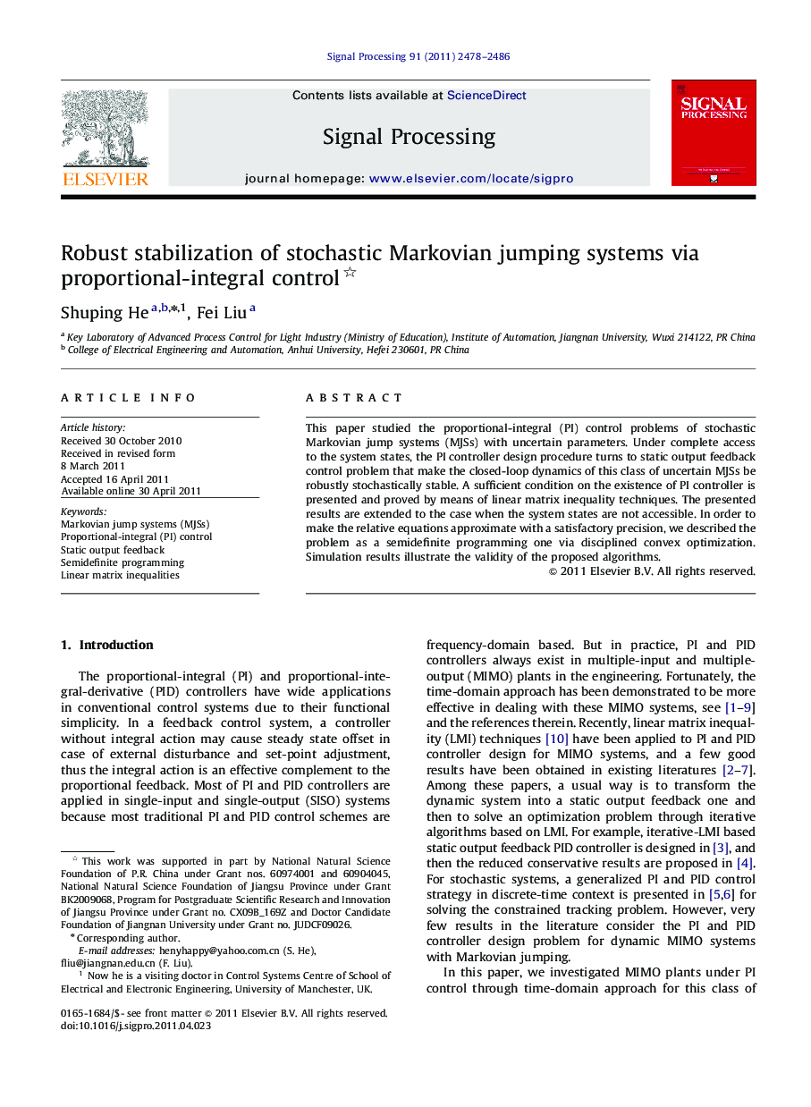 Robust stabilization of stochastic Markovian jumping systems via proportional-integral control 
