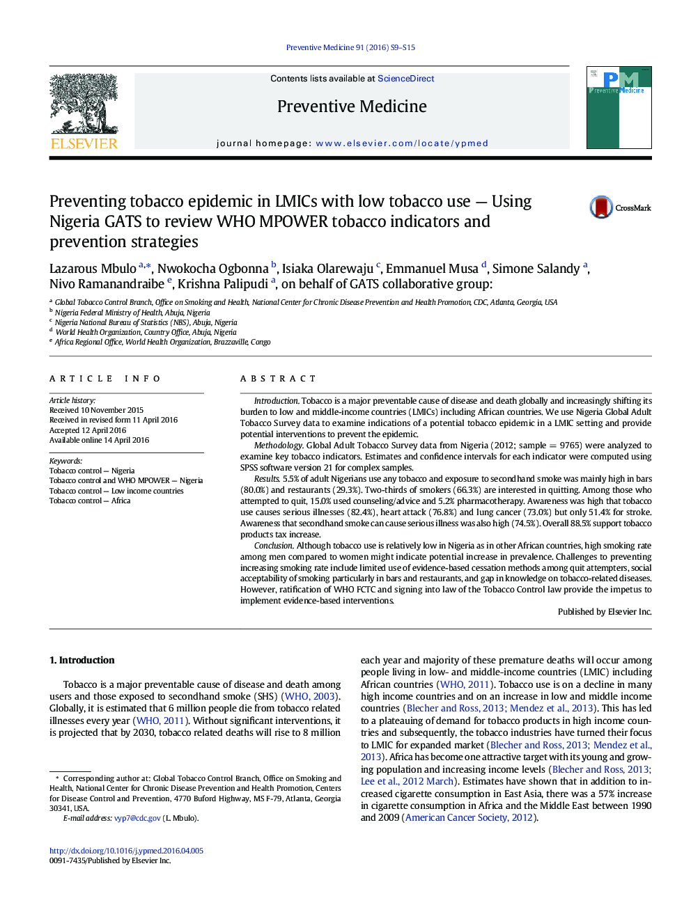 Preventing tobacco epidemic in LMICs with low tobacco use - Using Nigeria GATS to review WHO MPOWER tobacco indicators and prevention strategies