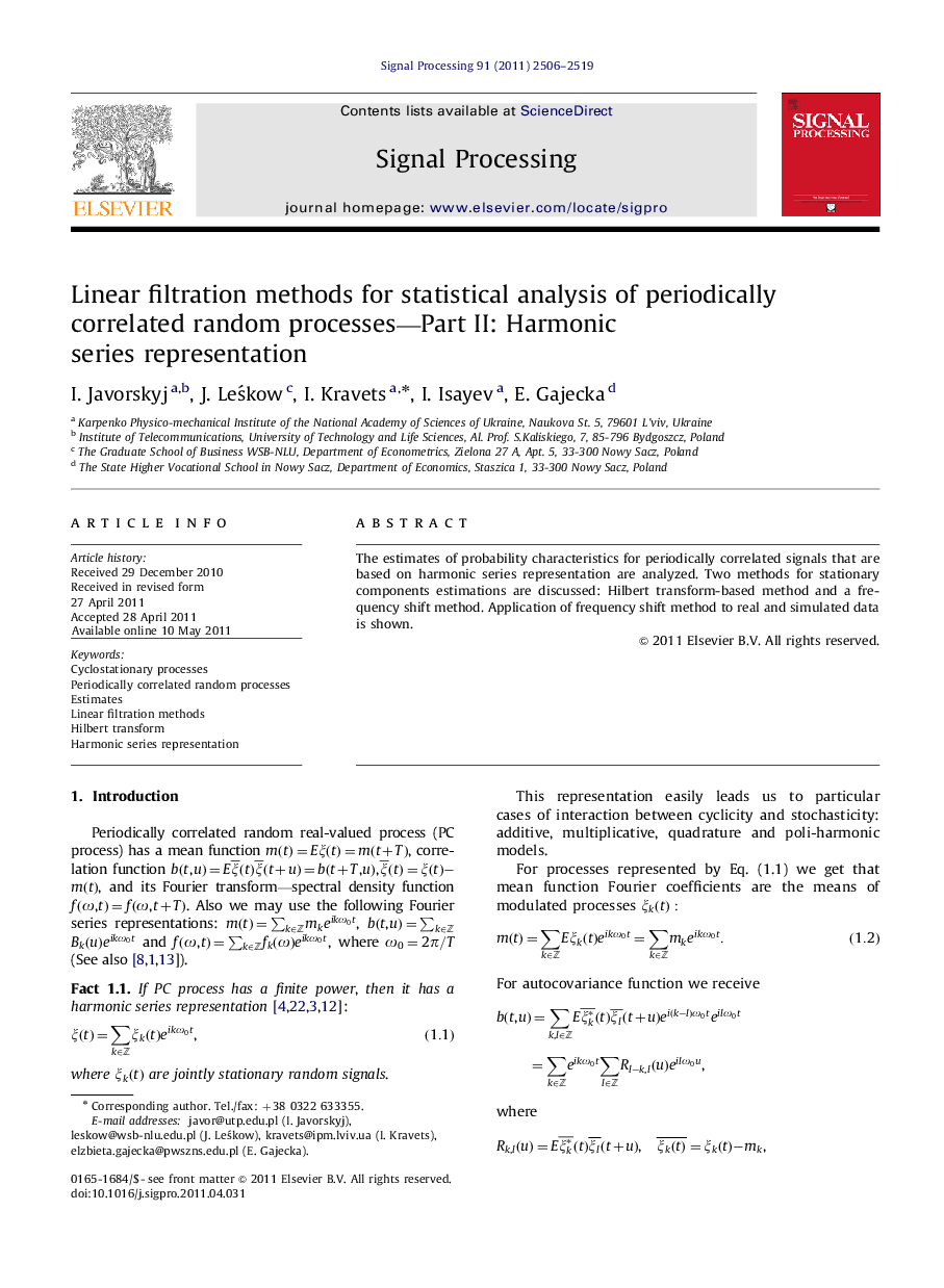 Linear filtration methods for statistical analysis of periodically correlated random processes—Part II: Harmonic series representation