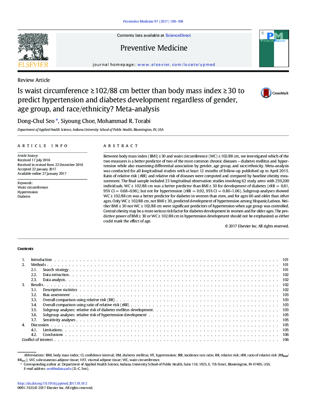 Is waist circumference â¥ 102/88 cm better than body mass index â¥ 30 to predict hypertension and diabetes development regardless of gender, age group, and race/ethnicity? Meta-analysis