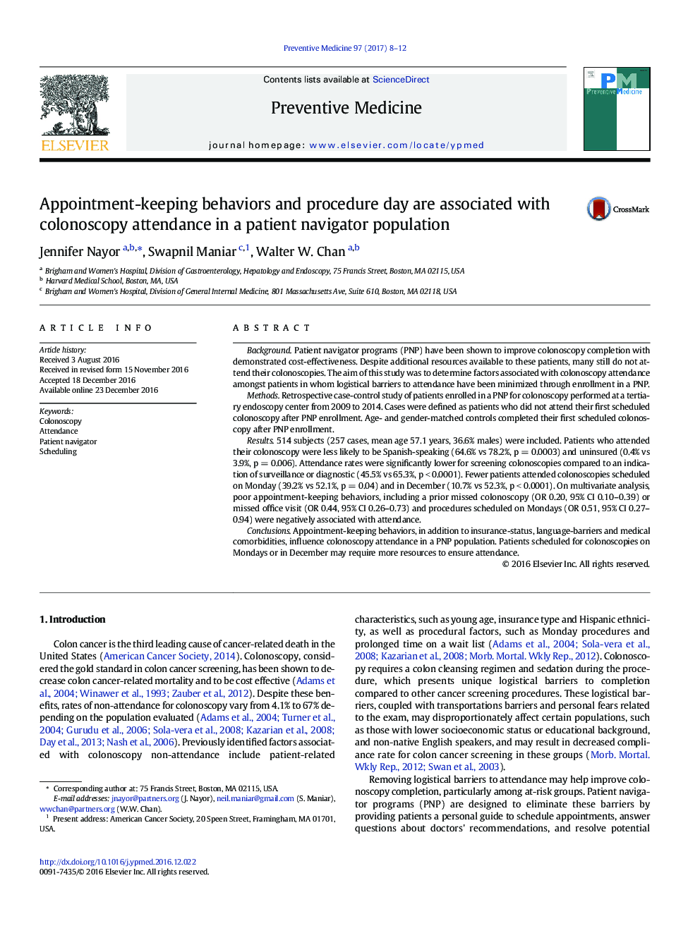 Appointment-keeping behaviors and procedure day are associated with colonoscopy attendance in a patient navigator population