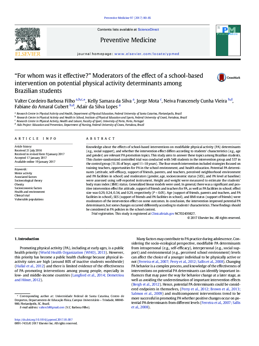 “For whom was it effective?” Moderators of the effect of a school-based intervention on potential physical activity determinants among Brazilian students