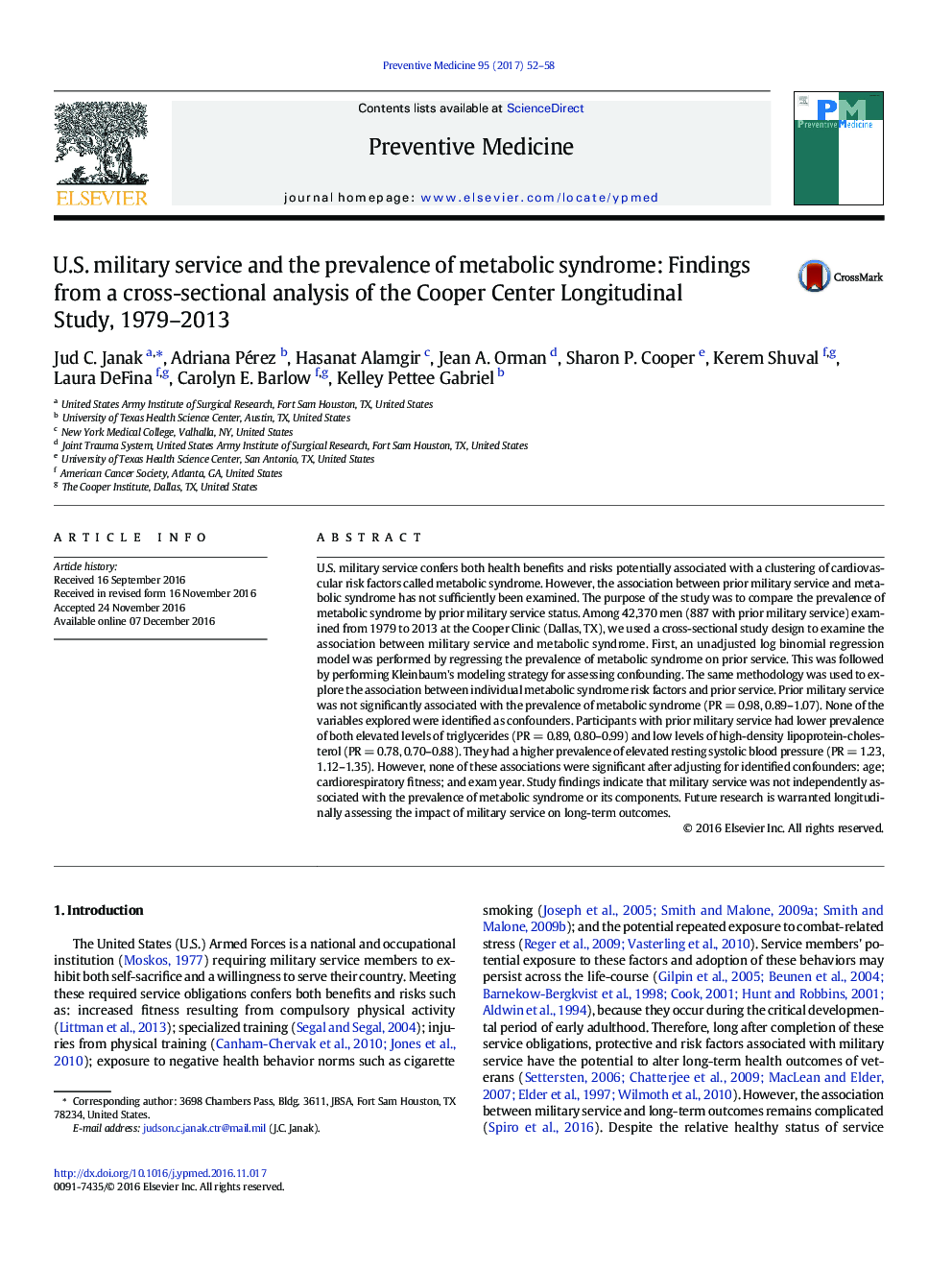 U.S. military service and the prevalence of metabolic syndrome: Findings from a cross-sectional analysis of the Cooper Center Longitudinal Study, 1979-2013