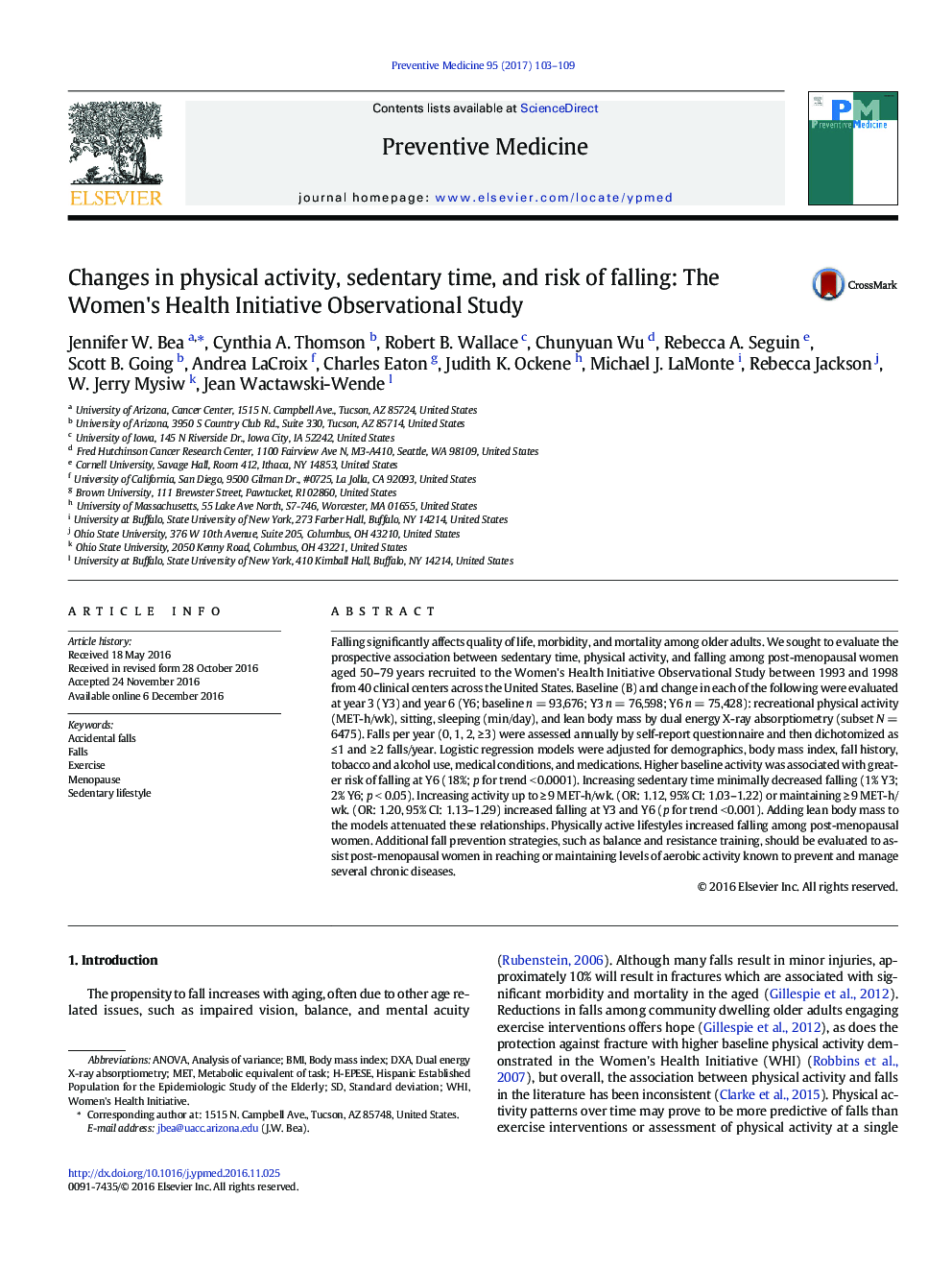 Changes in physical activity, sedentary time, and risk of falling: The Women's Health Initiative Observational Study