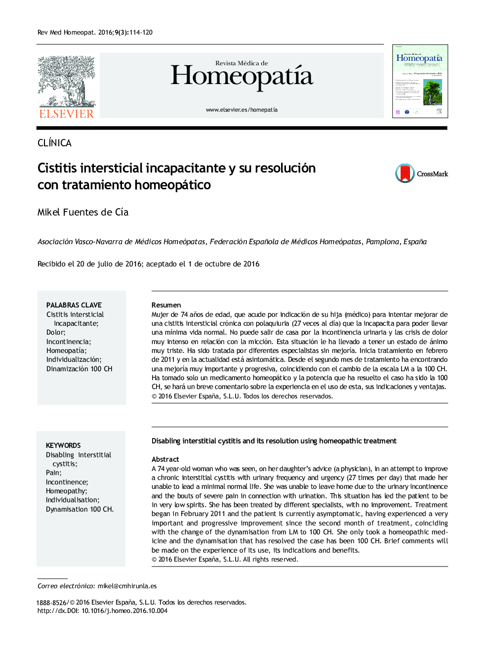 Cistitis intersticial incapacitante y su resolución con tratamiento homeopático